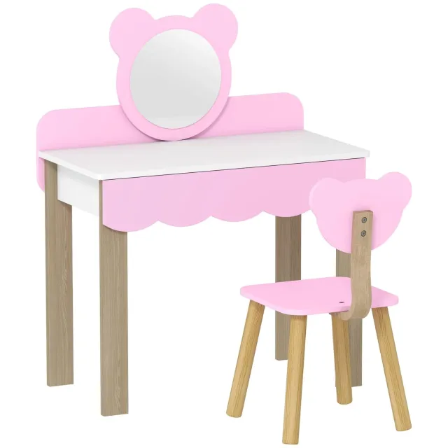 Klarven Kaptafel Kinderen - Beauty Tafel Kinderen - Meisjes Kaptafel - Kindermakeup Tafel - Speeltafel - Roze Hout - Beertje Spiegel, Opbergruimte in Bureaublad, Inclusief Stoel Roze + hout