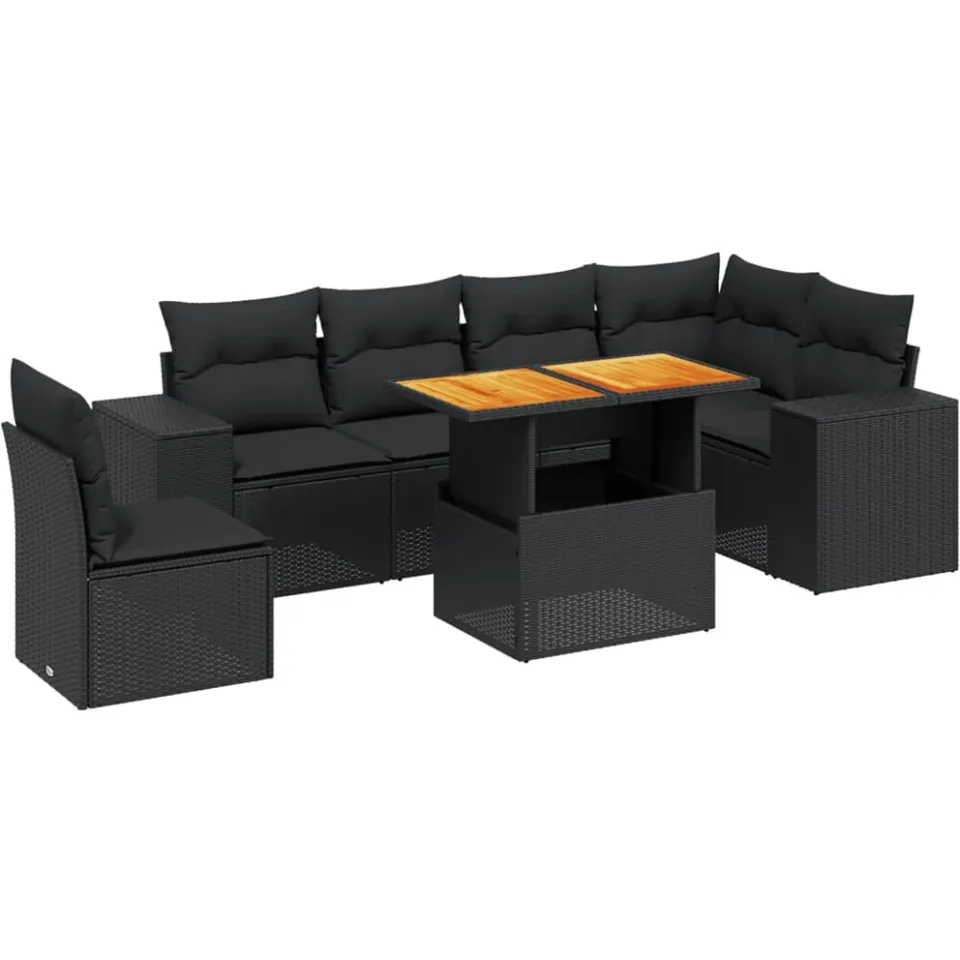 vidaXL 7-delige Loungeset met kussens poly rattan zwart