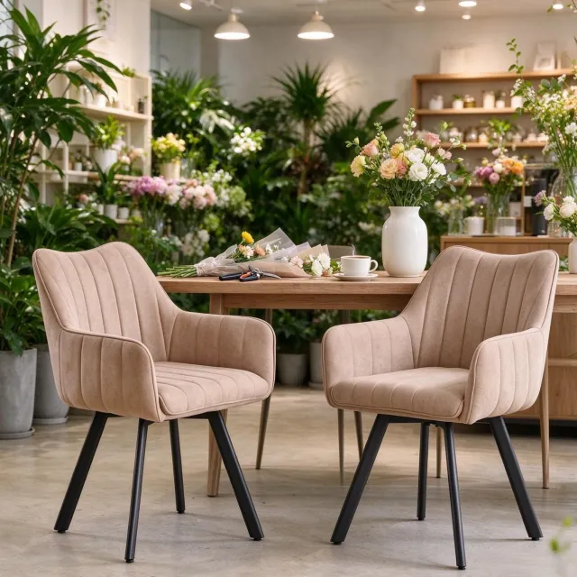 MIVRAY Bureaustoelen 56 x 45 x 81 cm - Set van 2 met Armleuningen en Draaifunctie - Voor Eetkamer en Kantoor - Linnen en Metaal - Kaki Khaki