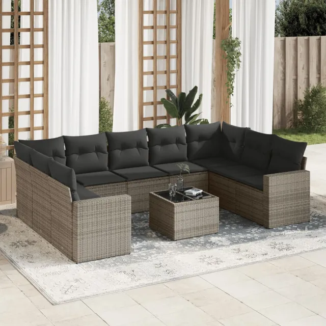 vidaXL 10-delige Loungeset met kussens poly rattan grijs, foto 2