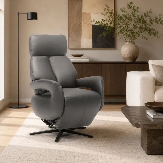 The Seats Relaxfauteuil Milo – Echt leer – Sta-op stoel - Elektrisch Verstelbaar – Met accu – 2 Motoren – 360° Draaibaar – Antraciet