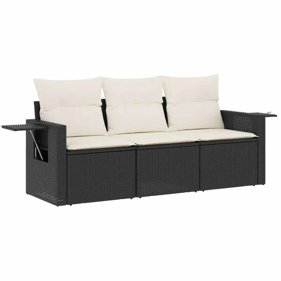 vidaXL 3-delige Loungeset met kussens poly rattan zwart