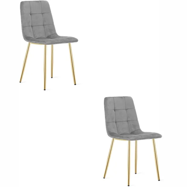 LEOBERT KARA Eetkamerstoelen – Set van 2 – Grijs Velvet – Goudkleurige Metalen Poten – Comfortabele Ergonomische Zitting – Modern Design – Velvet Stoel voor Woonkamer, Keuken en Eetkamer – Max. 110 kg per Stoel
