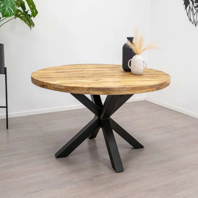 Ronde mangohout tafel Lanse met stalen matrixpoot