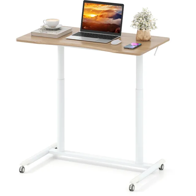 Costway Schreibtsich C-vormig met wieltjes, 70-106 cm in hoogte verstelbaar, kleine computertafel met metalen frame, mobiel staand bureau, laptoptafel, sta-zitbureau voor thuis, kantoor, naturel