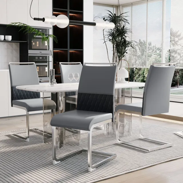 Sweiko 4-delige Eetkamerstoel set, PU Synthetisch Leer en linnen rugleuning, hoge rugleuning kussen zijstoel, kruisgestreepte rugleuning ontwerp voor restaurants, keukens en hotels, Grijs(excl. tafel)