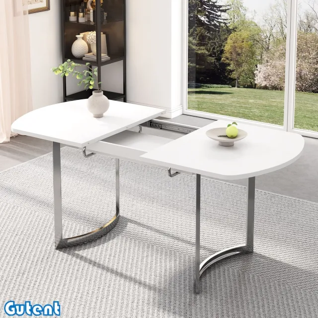 Gutent Eettafel - Uitschuifbaar - Verzilverde Metalen Poten - Wit + Verzilverde Poten