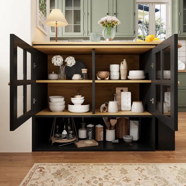 MEUNIQ statafel 138-204 x 39 x 102,5 cm, 360° draaibare bartafel met glazen deuren, 3 zijplanken en verstelbare vakken, opbergruimte voor woonkamer of eetkamer zwart