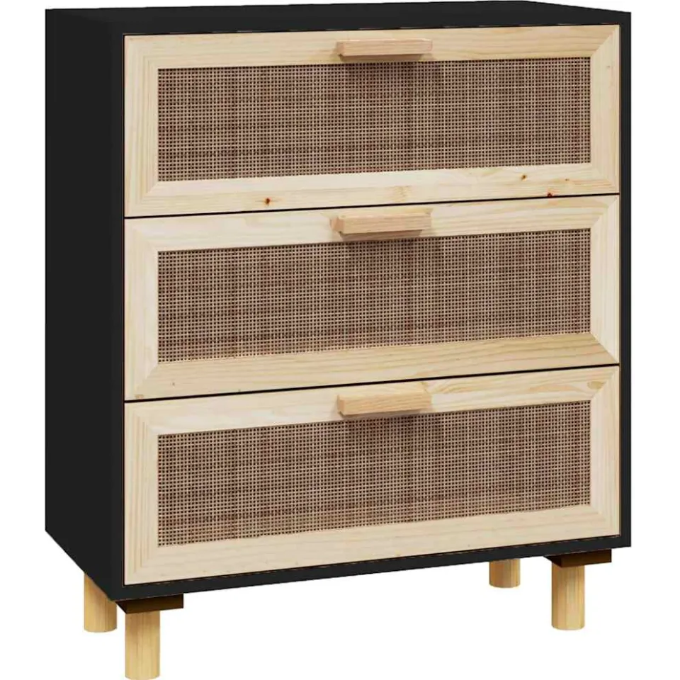vidaXL Dressoir 60x30x70 cm massief grenen hout en rattan zwart
