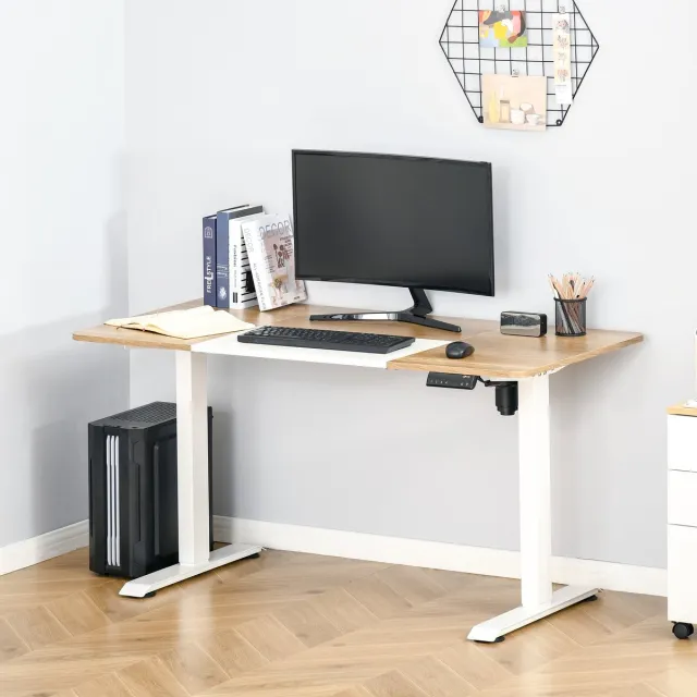 OKWISH Bureau - Elektrisch Verstelbaar Zit Sta Bureau - 140 x 70 x 72-116 cm - Met Kabeldoorvoer - Metaal Wit Houtlook