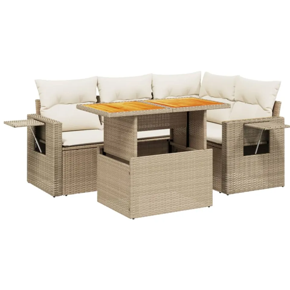 vidaXL 5-delige Loungeset met kussens poly rattan beige, foto 3