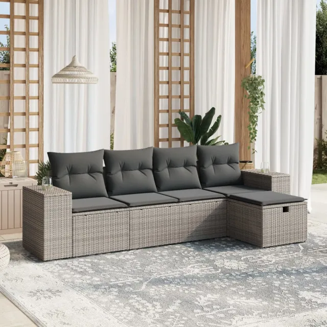 vidaXL 5-delige Loungeset met kussens poly rattan grijs, foto 2