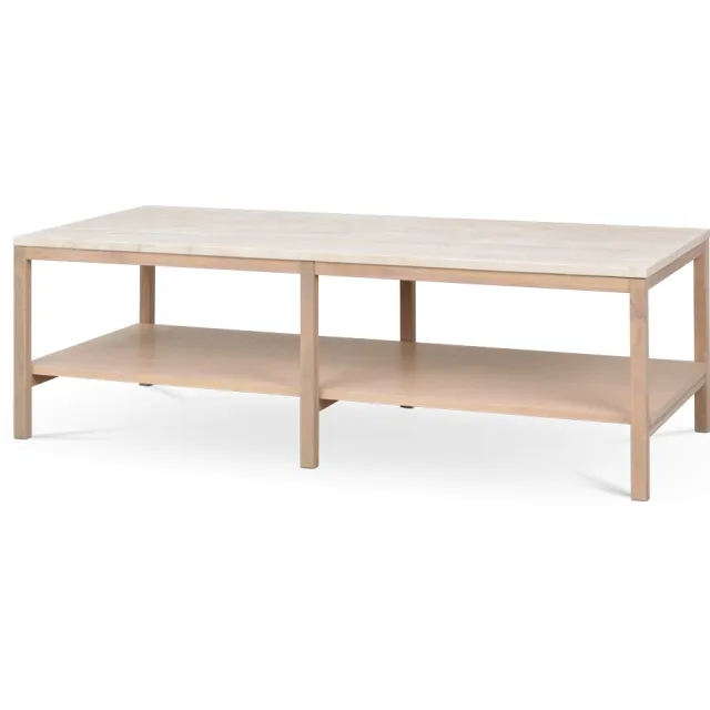 Rowico Home Orwel houten salontafel met travertine tafelblad - whitewash - 140 cm Bruin