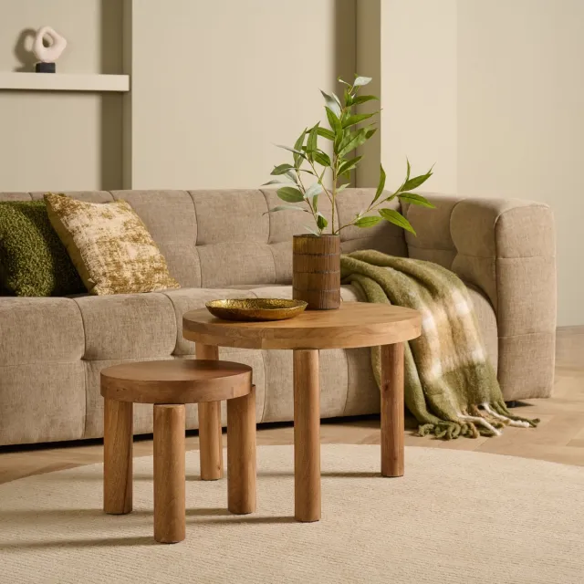Woonexpress Salontafel Set Caen - Mangohout - Naturel - 60x35x60 / 35x45x35 cm (BxHxD) - Kleur Raw Natural Hout - Mango