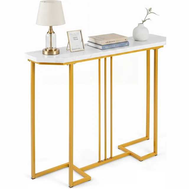 Costway Consoletafel, smalle haltafel met geometrisch metalen frame & waterbestendig marmerlook tafelblad, haltafel voor gang, woonkamer & entree, 110 x 30 x 91 cm Goud + Wit