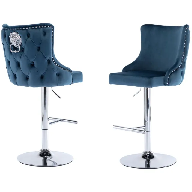 chairus Barkruk Set van 2 Barstoelen - Blauw - Velvet - Draaibare en in hoogte verstelbare - Met Leeuwbeslag - Met Metalen Onderstel en Voetsteun - Armloze stoelen - Voor bar en keuken