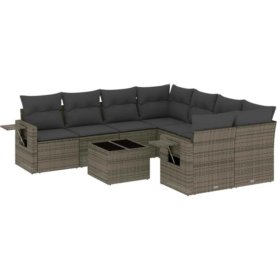 vidaXL 9-delige Loungeset met kussens poly rattan grijs