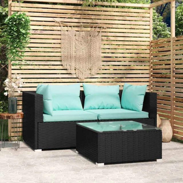 vidaXL 3-delige Loungeset met kussens poly rattan zwart, foto 2
