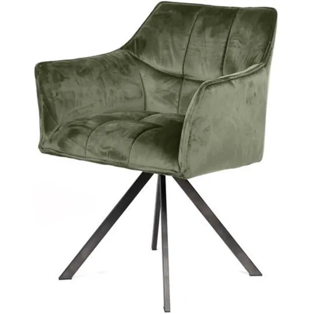 Industrieel In Huis Eetkamerstoel Groen Velours (Draaibaar) - Industriele Dinerstoel met Comfortabele Zitting - Luxe Groene Velours Stoel met Zachte Zit- en Rugkussen - Industrieel Eettafel Stoel (62x61x82) Draaibare Dinerstoel met Kruispoot