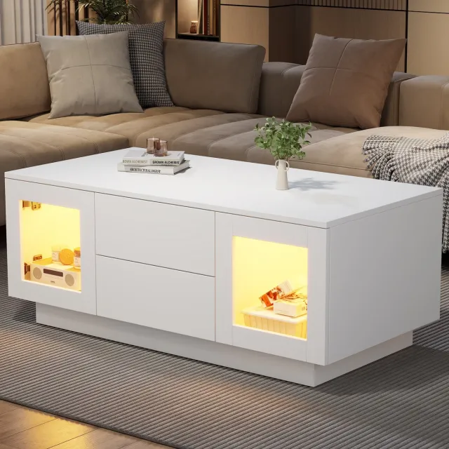 FloraGrace Salontafel Met Led En Opbergruimte - Modern Design Voor Woonkamer En Werkkamer - MDF - Wit - 100x50x40 Cm