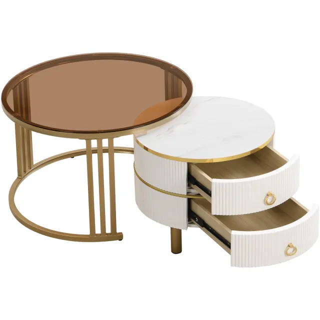 MODFU Salontafel set van 2, 70*70*45 + 50*50*40 cm, MDF en gehard glas, hoogglans wit en bruin, met 2 laden