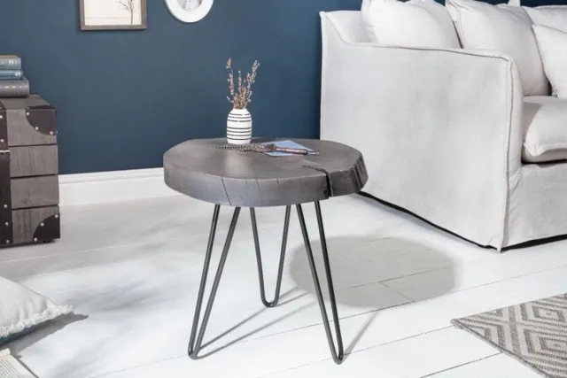 Invicta Interior Ronde bijzettafel GOA 45cm grijs massief acaciahout boomschijf kruk haarspeldpoten metaal - 39597 Zie omschrijving