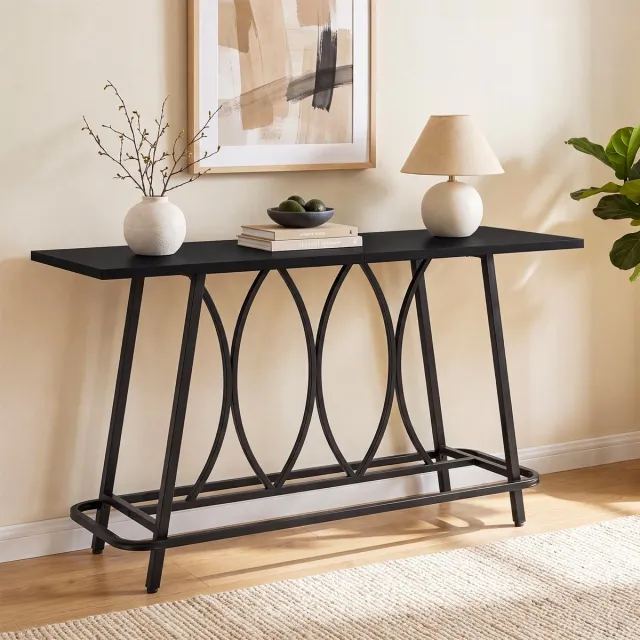 Little Trees LITTLE TREE Console Tafel - 160 X 60 X 95 cm- Modern boerderij model met metalen voetstuk - Smalle ingangstafel achter de bank voor woonkamer - Zwart