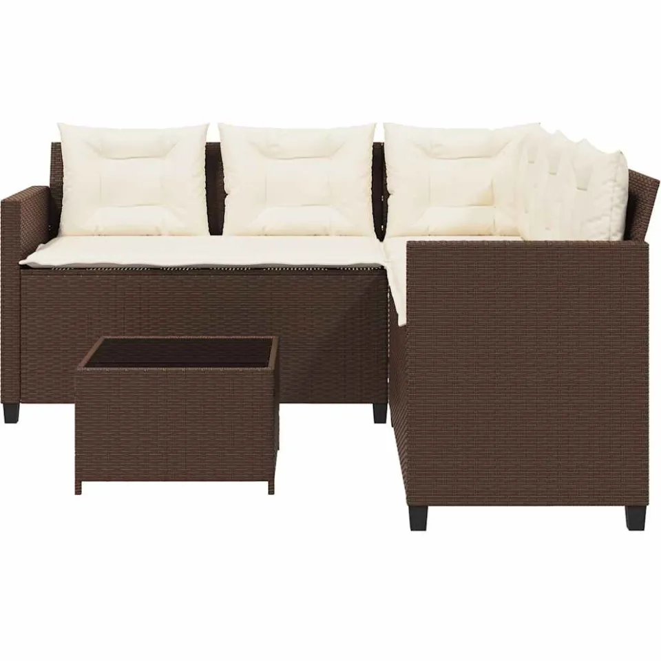 vidaXL Tuinbank met tafel en kussens L-vormig poly rattan bruin, foto 3