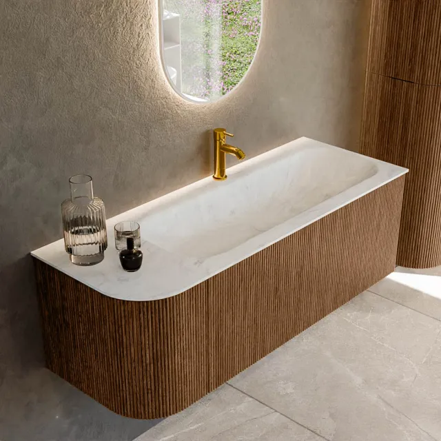 Mondiaz KURVE-DLUX 125 cm Onderkast Greeploos 1 Lade Met Deuren Walnut, Wastafel Solid Surface Rechts Opalo 1 Kraangat Zonder Spiegel (KRVBGM125L1L1D1KR-Wal/Opa)
