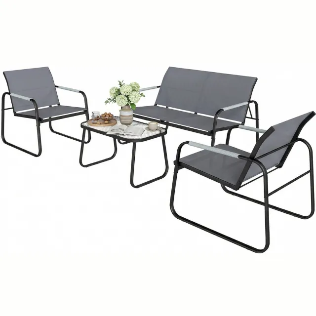 Hoohohoo Tuinset - Tuinmeubelen - Tuinbank - Tuinstoelen - Tuintafel - Glazen blad - 4 Persoons Grijs