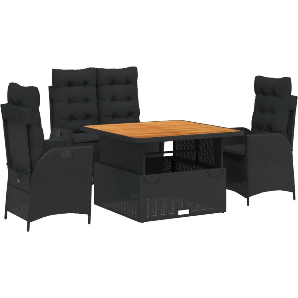 vidaXL 4-delige Tuinset met kussens poly rattan zwart