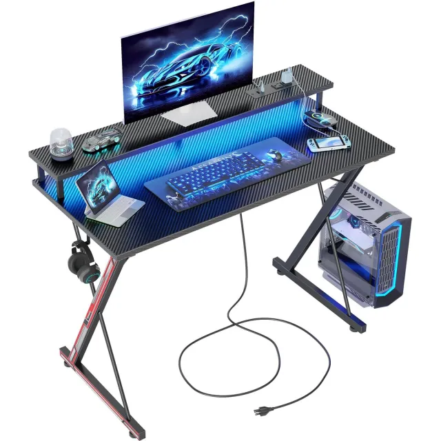 Ibenzoa Ergonomisch gaming bureau met LED-verlichting en ingebouwde stekkerdoos Zwart