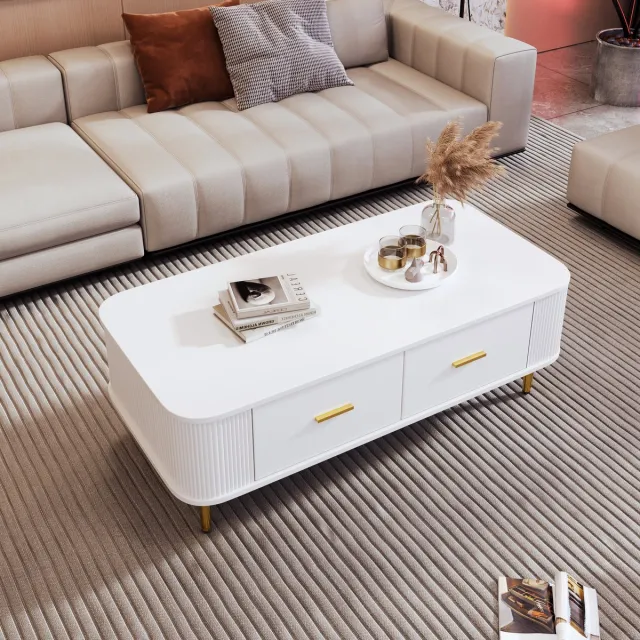 Pugsdrly Salontafel met lades, afgeronde hoeken, salontafel met golvende zijkanten, gouden handgrepen en poten, bijzettafel Wit