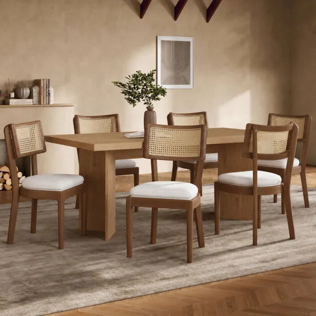 CHICFURN Eetkamerstoel set van 2 - Rotan rugleuning - Houten frame - Walnootbruin Walnootkleurig, beige