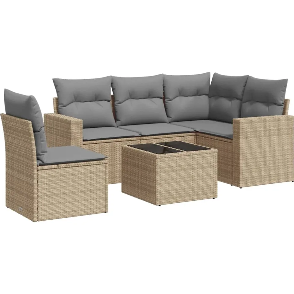 vidaXL 6-delige Loungeset met kussens poly rattan beige, foto 4