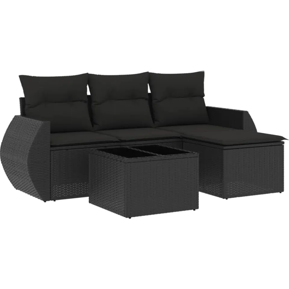 vidaXL 5-delige Loungeset met kussens poly rattan zwart, foto 3