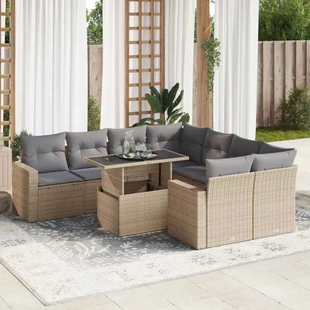 vidaXL 9-delige Loungeset met kussens poly rattan beige, foto 2