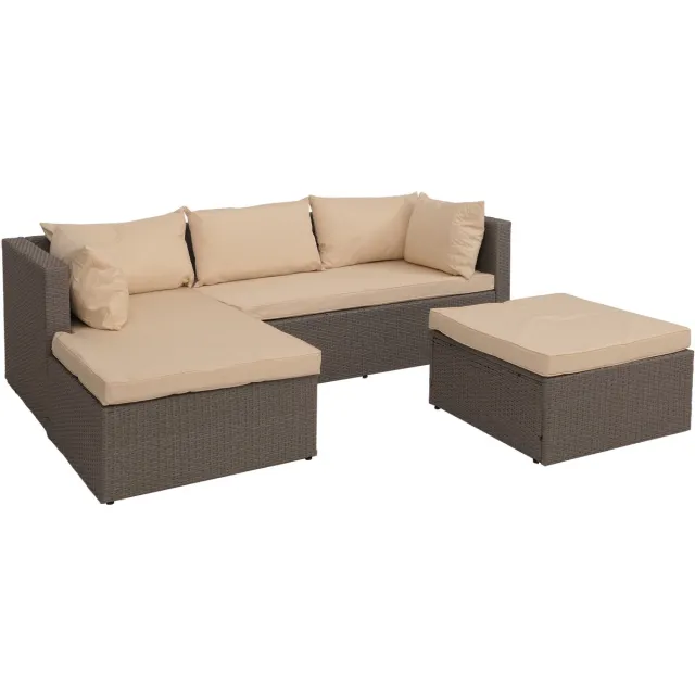 MCW Poly-rattan set MCW-O46, balkon/tuin/lounge set zitbank groep ~ grijs bekleding beige