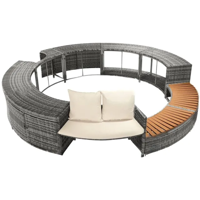 Happiq Tuin Loungeset - Ronde Bank met Kussens - voor tuin en zwembad - Luxe Tuinmeubelen - Rood Grijs