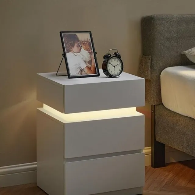 Bobbel Home Nachtkastje met ledverlichting, bijzettafel, verstelbare kleuren, sofatafel, 3 laden, nachtkastje voor slaapkamer, modern, 35 x 40 x 55 cm, wit