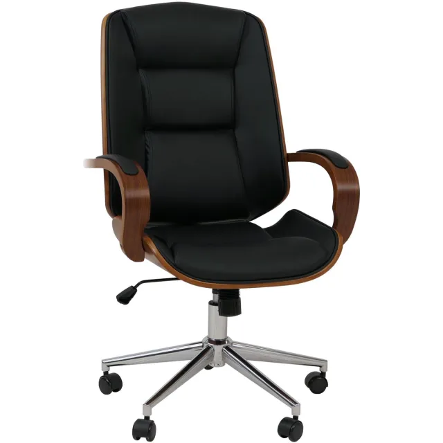 Bureaustoel MCW-O83, draaistoel directiestoel, kunstleer (280 g/m²) gebogen hout MVG-gecertificeerd walnootlook ~ zwart