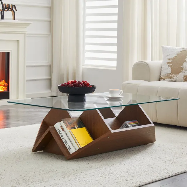 STILVORA Salontafel - Met Gehard Glazen Blad En Open Opbergvakken - Voor Woonkamer En Kantoor - MDF In Walnootkleur - 103x63x33,5 Cm