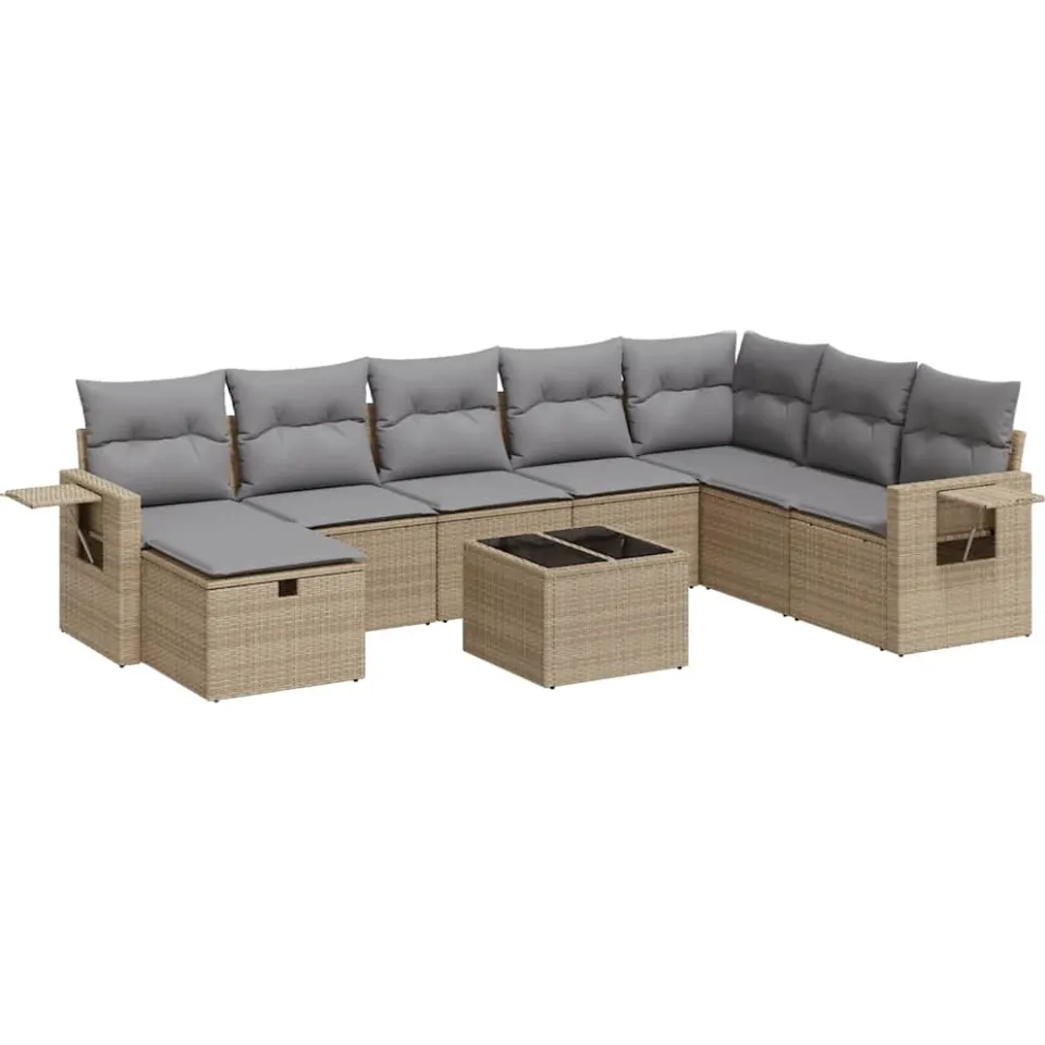vidaXL 9-delige Loungeset met kussens poly rattan beige, foto 3