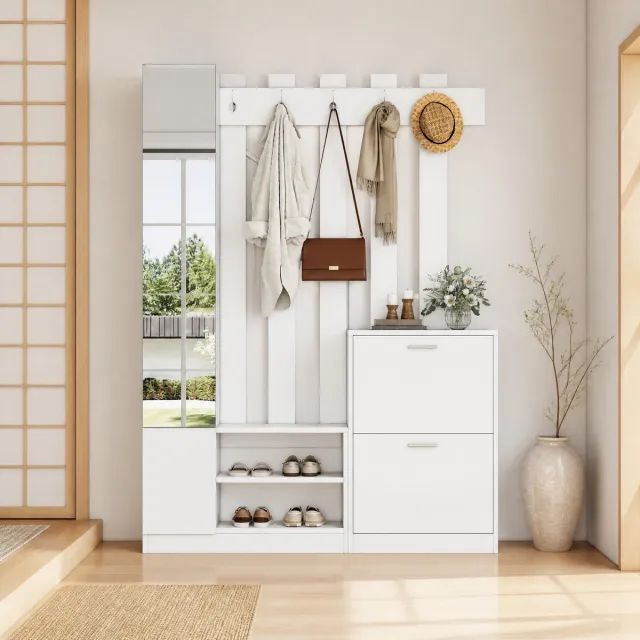 WUVRIE Schoenenkast 135 x 25 x 180 cm - Met spiegel, klepdeuren en 5 haken - Wit