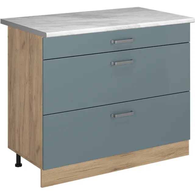 Vicco Keukenonderkast R-Line, Blauw-grijs/Goudkleurig Eiken, 100 cm marmer werkblad