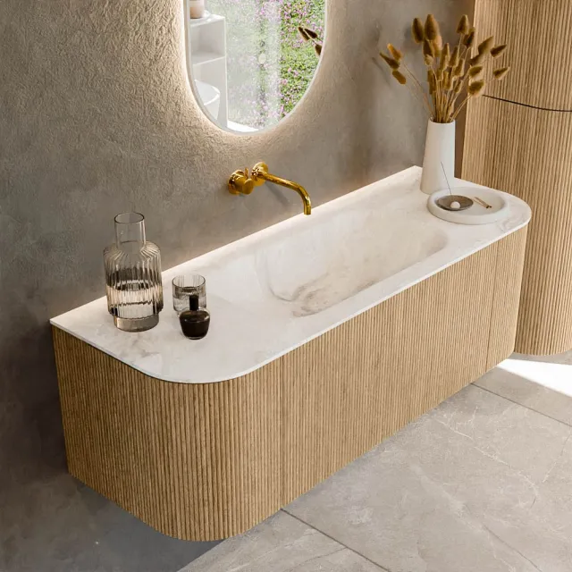 Mondiaz KURVE-DLUX 130 cm Onderkast Greeploos 1 Lade Met Deuren Oak, Wastafel Solid Surface Midden Frappe 0 Kraangaten Zonder Spiegel (KRVBGS130L+R1L2D0KM-Oak/Fra)