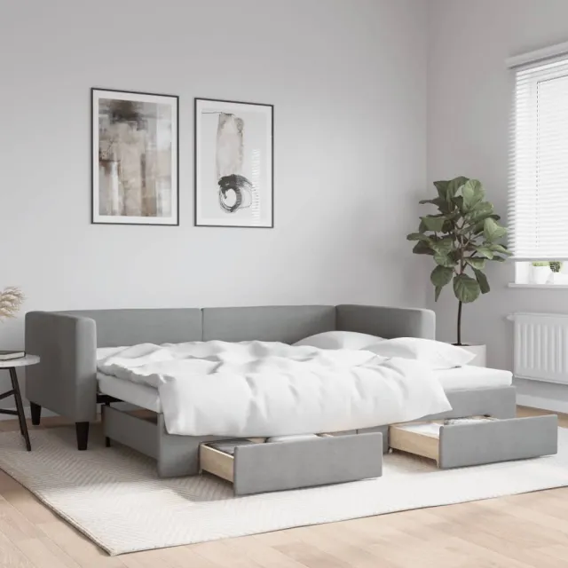vidaXL Slaapbank met onderschuifbed en lades 90x200 cm stof lichtgrijs grijs
