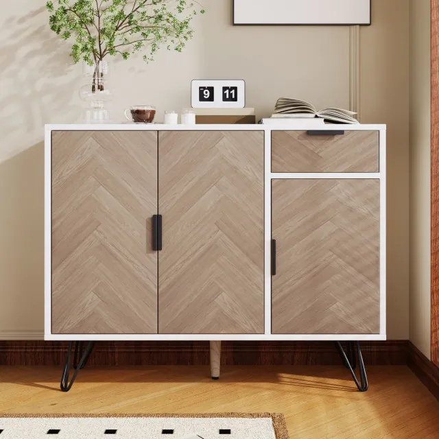 WUVRIE Dressoir 90 x 30 x 71,5 cm - 1 lade, 3 deuren en verstelbare planken - Wit/houtkleur