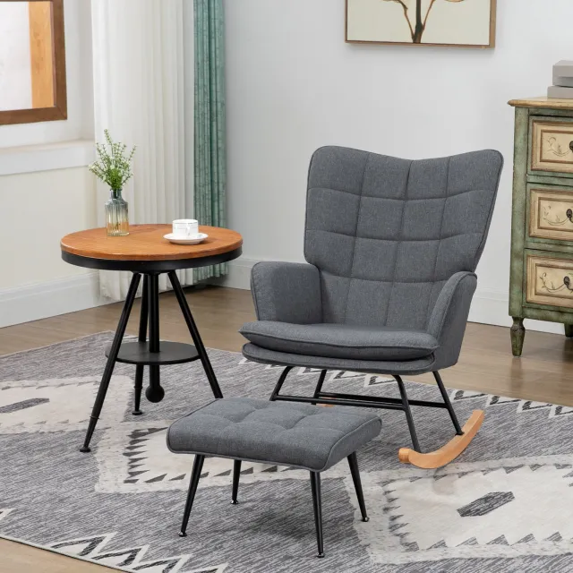 CHICFURN Schommelstoel - Met hocker en armleuningen - Houten onderstel - Grijs