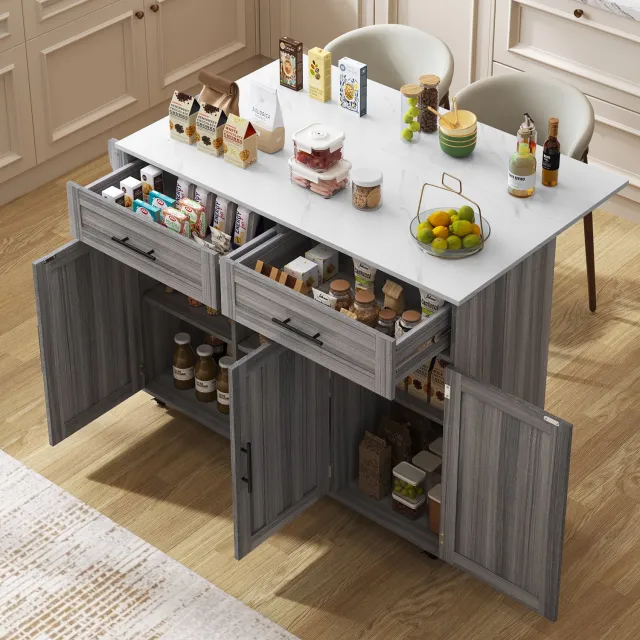 MEUNIQ Keukeneiland op wielen met opklapbaar werkblad, 2 lades, verstelbare legplanken en kastdeuren, voor keuken en eetkamer, grijs en wit